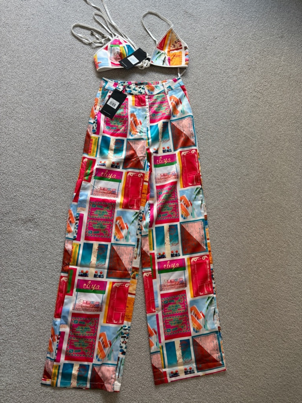Colorful Patchwork Wide-Leg Pants — Multicolor Print